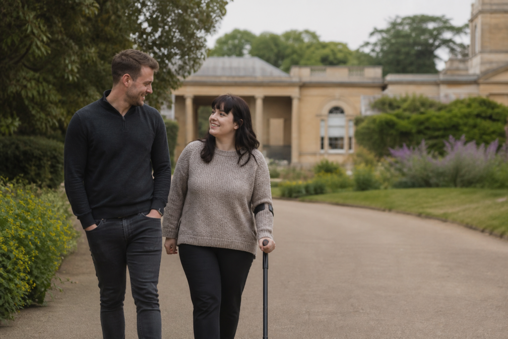 A support worker and client walking together in the community
