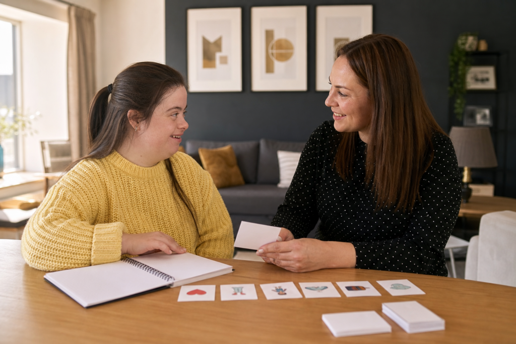 A support professional planning the day with a young adult